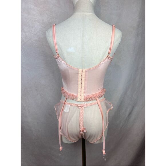 Vintage Under Bust Corset Lingerie Set 4pc Sheer Pink Ruffle Robe 90s RARE XS S - Picture 4 of 10
